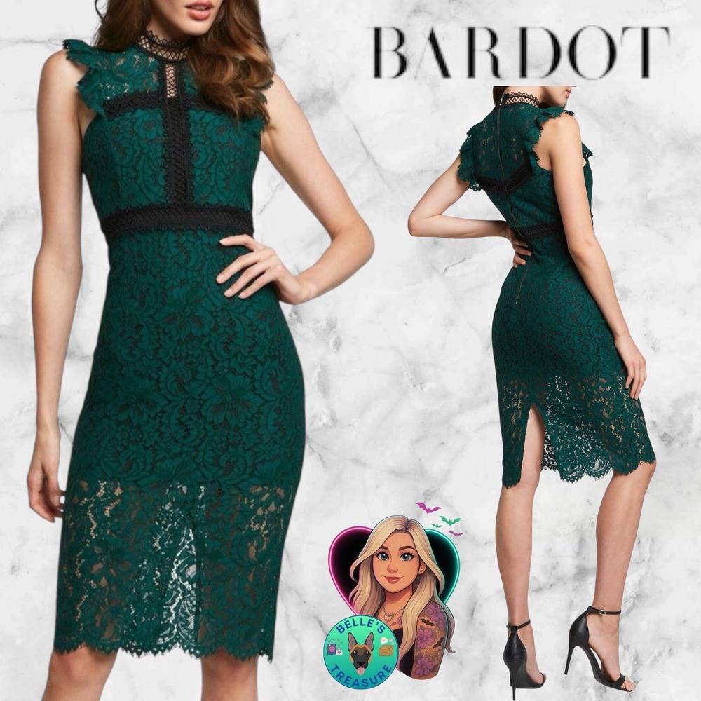 Bardot Women's 8 Latoya Lace Body-Con‎ Dress Green Black Cocktail Event Wedding